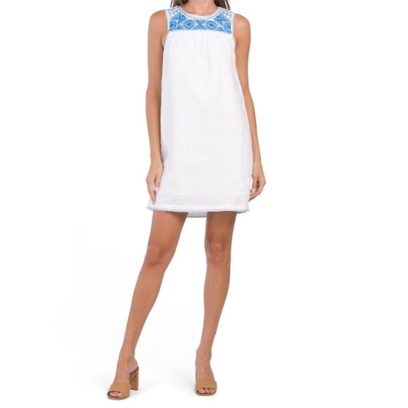 Lucky Brand Dresses & Skirts - Lucky Brand Linen Embroidered Sleeveless Tank Short Dress White Blue